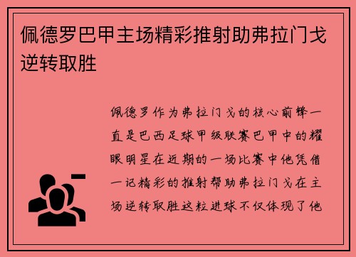 佩德罗巴甲主场精彩推射助弗拉门戈逆转取胜
