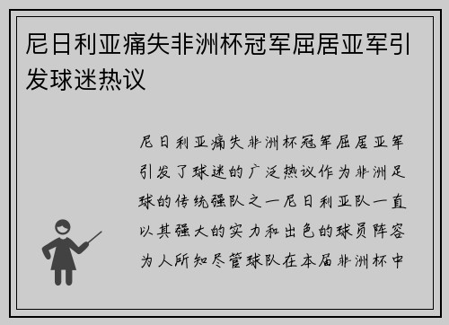 尼日利亚痛失非洲杯冠军屈居亚军引发球迷热议